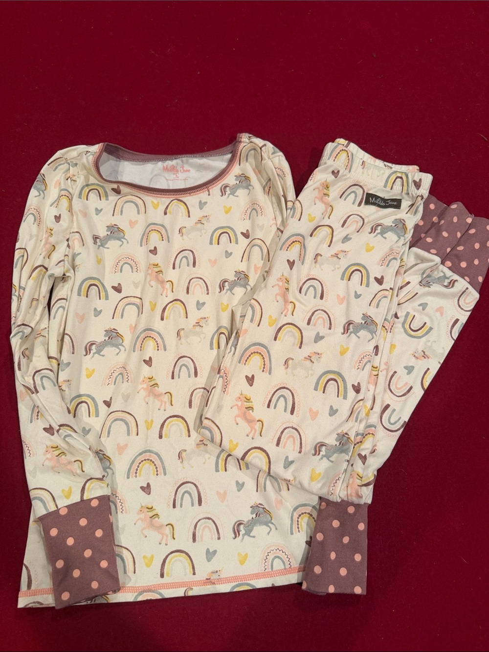 Matilda Jane Cream Unicorn & Rainbow Pajama Set with Pink Polka Cuffs